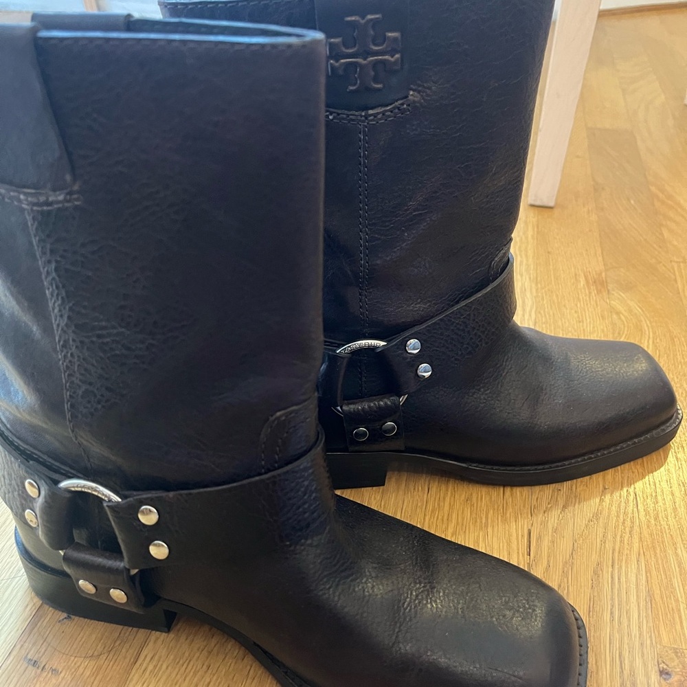 Tory Burch Brown Leather Moto Double T Boots